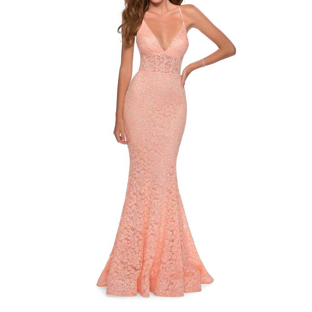 NEW LA FEMME sequin lace prom dress in peach